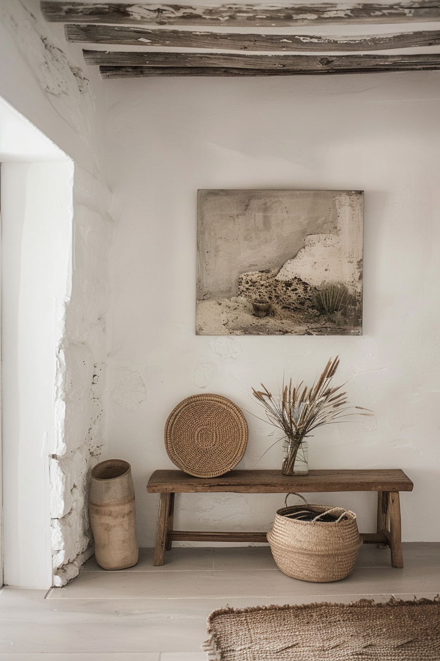 Rustic interior corner with a wooden bench, monochrome artwork, wicker baskets, and dried plants, exuding a calm, minimalist vibe.