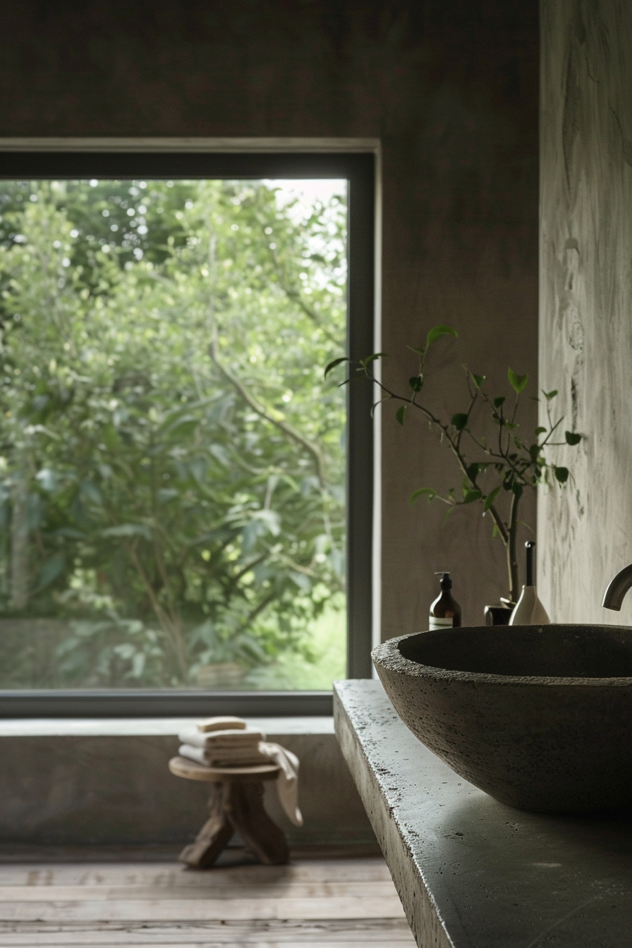 A serene bathroom interior with a stone basin on a concrete countertop and a view of lush greenery through a window.