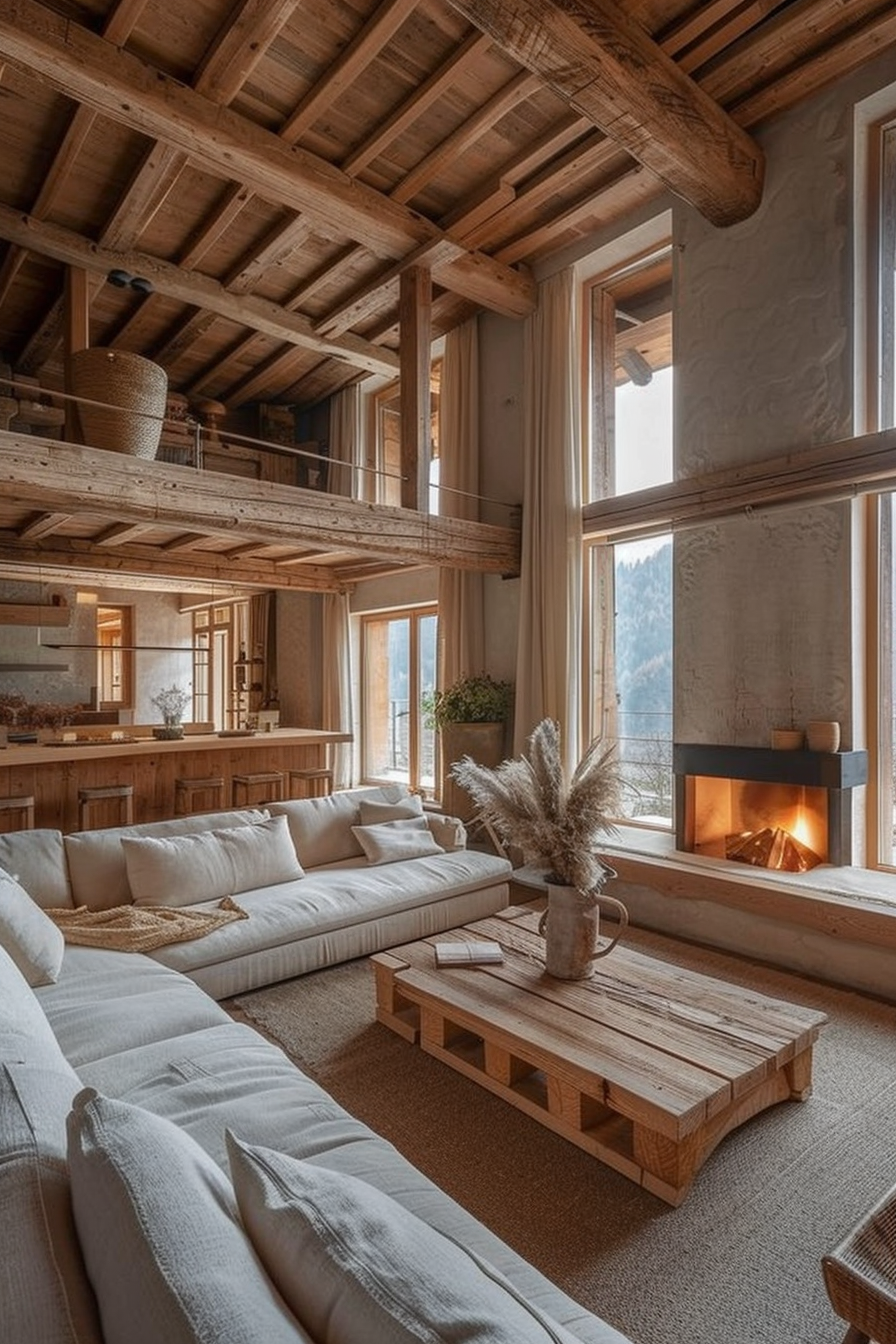 Cozy mountain cabin interior with exposed wooden beams, a loft area, fireplace, and plush white sofas with a rustic wood coffee table.