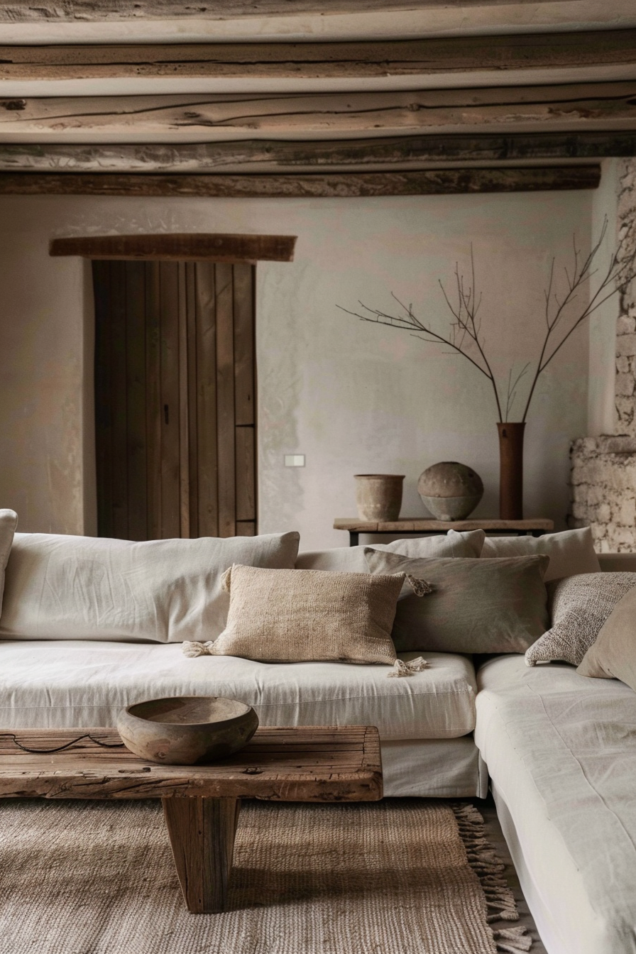 Rustic living room with beige sofa, wooden coffee table, textured cushions, and decorative branches in a vase.