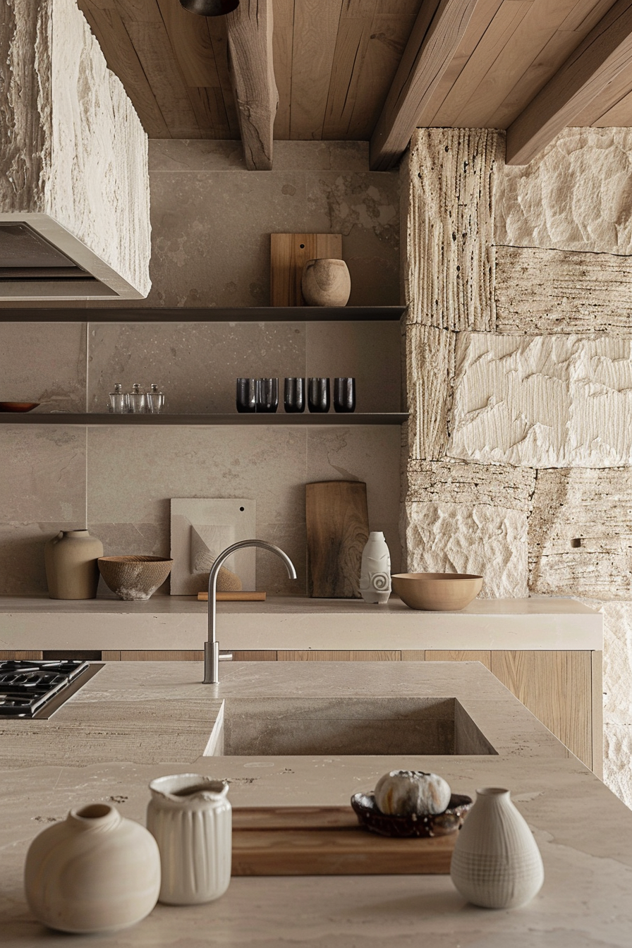 Modern kitchen interior with stone and wood elements, neutral tones, and minimalist decor.