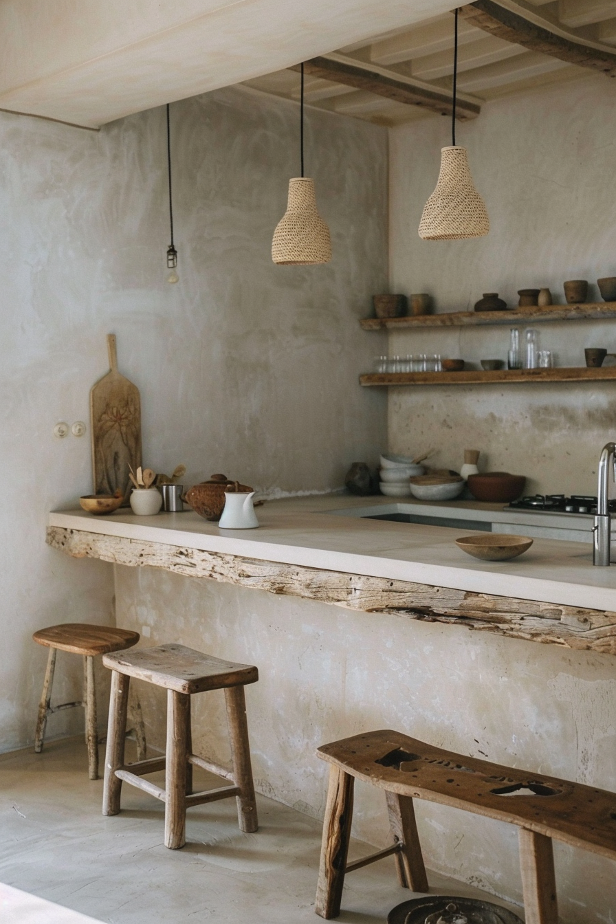 Rustic kitchen interior with rough wooden countertops, woven pendant lights, and stools against a plastered wall.