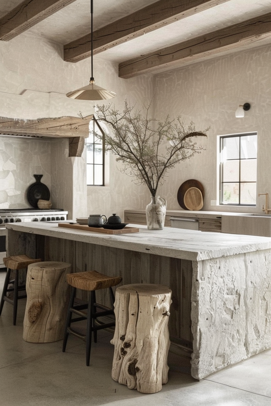 Rustic kitchen interior with wooden beams, a pendant light, tree trunk stools, and a branch centerpiece on an island.