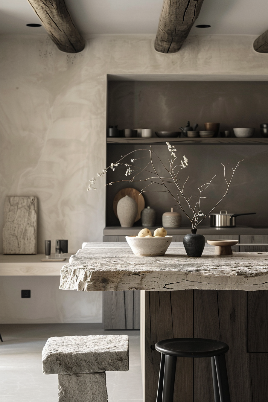 ALT text: Modern kitchen with rustic stone island, wooden stools, and subtle decor including a bowl of lemons and a vase with branches.