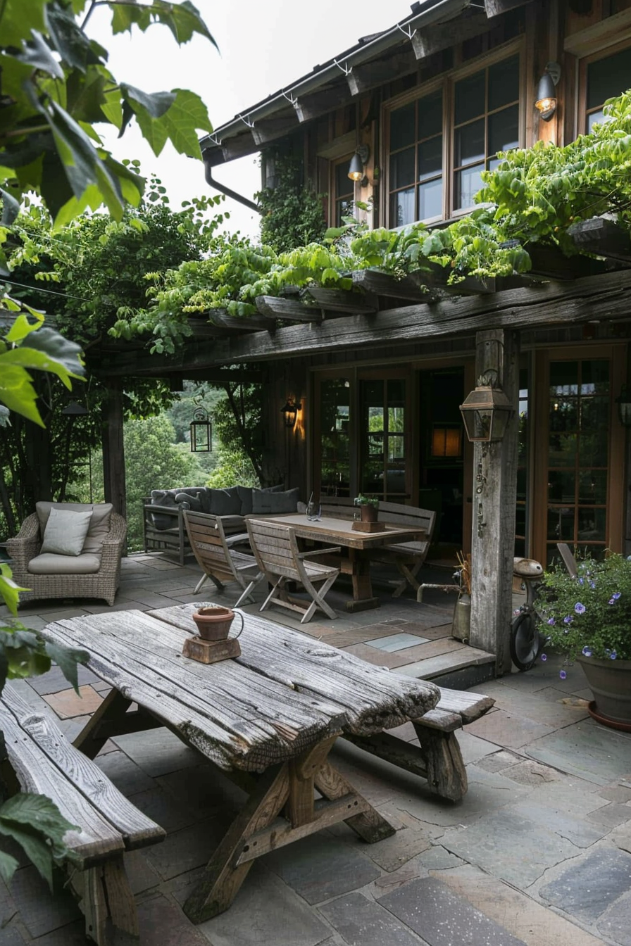A cozy patio with rustic wooden furniture, pots of plants, and a pergola covered in green vines next to a house with large windows.