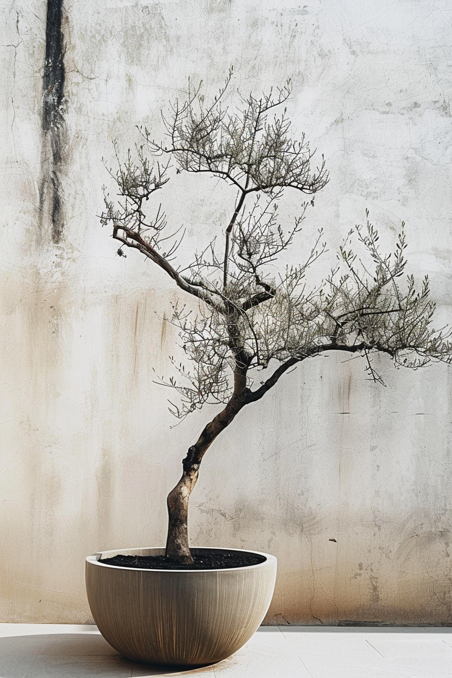 A small bonsai tree with delicate branches in a rounded pot against a textured wall with minimalist aesthetics.