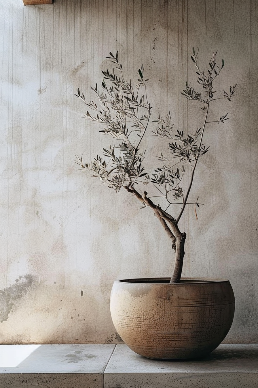 Olive branch in a textured ceramic pot against a distressed wall with vertical lines.