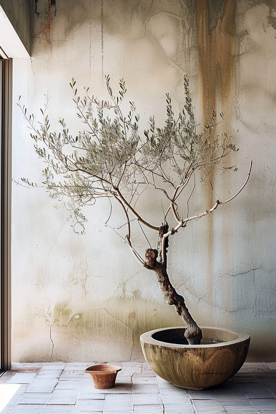 Olive tree in a large rounded pot beside a smaller empty pot, set against a cracked, stained wall, in a serene and rustic setting.