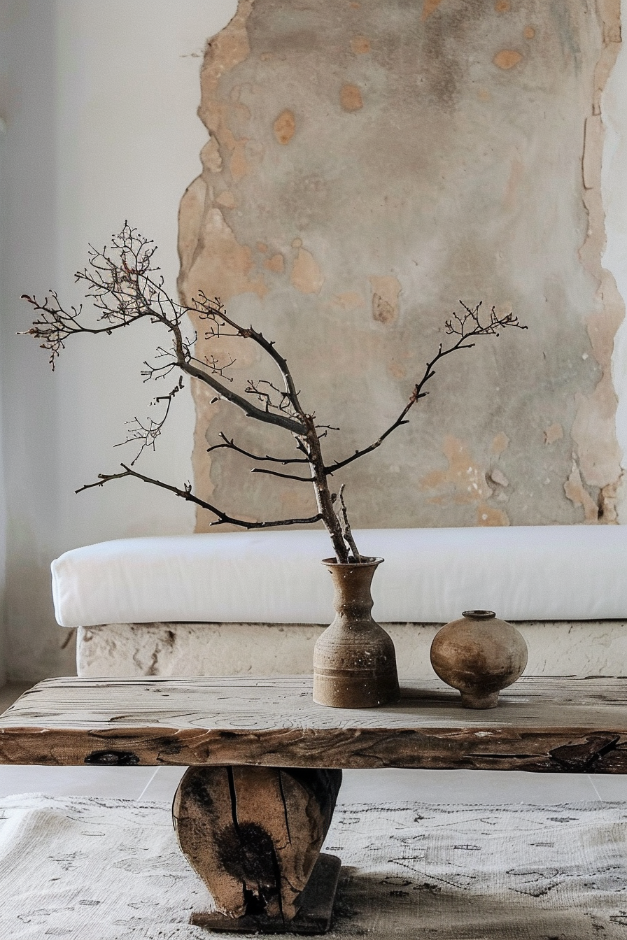 Rustic room decor with a bare tree branch in a vase on a wooden bench, against a weathered wall and near a white sofa.
