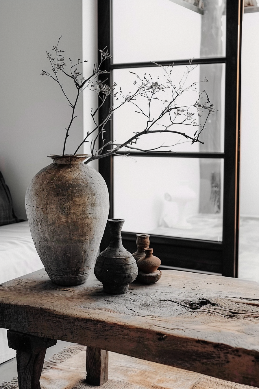 Rustic ceramic vases on a wooden table, with a large vase holding dried branches against a blurred window background.