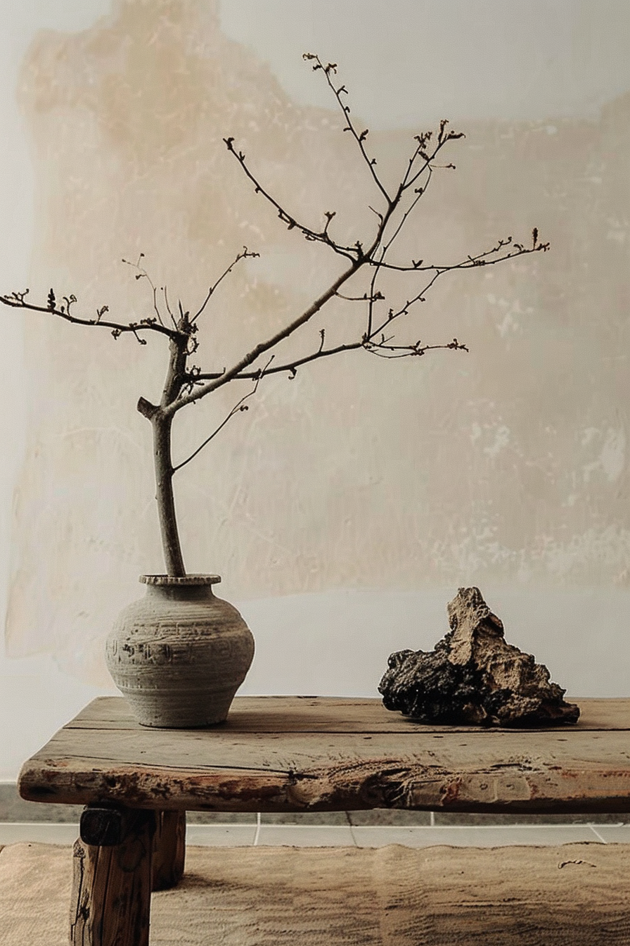 A minimalist still life with a bare tree branch in a vase and a piece of driftwood on a wooden table against a textured backdrop.