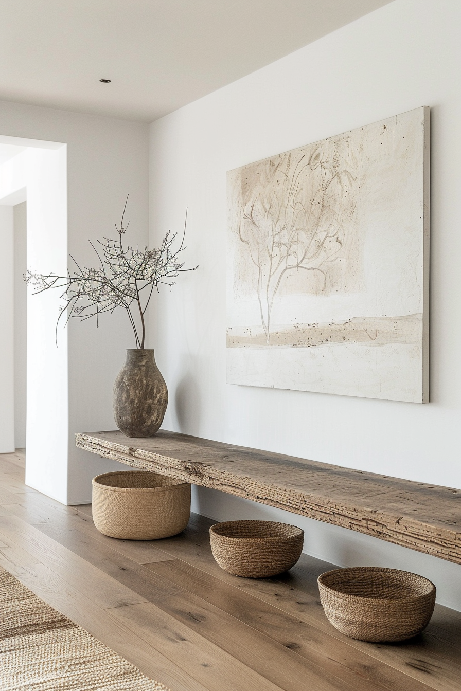 Minimalist interior with a rustic wooden bench, textured artwork, a vase with branches, and woven baskets on a hardwood floor.
