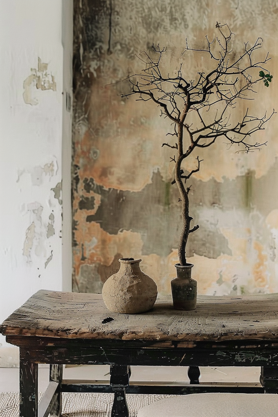 ALT: A leafless tree branch in a vase on an old wooden table, with a clay pot beside it, against a distressed wall with peeling paint.