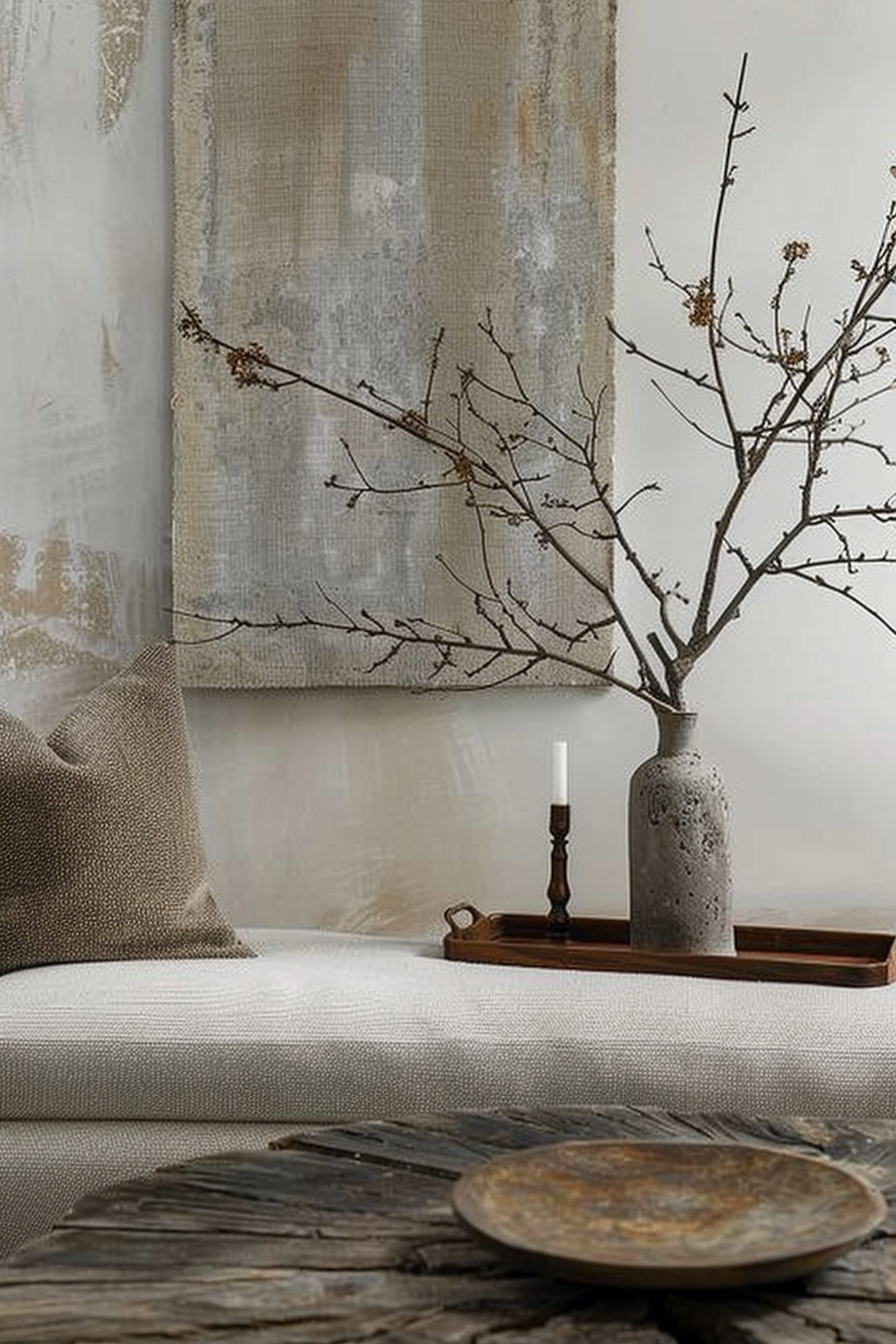 A serene corner with a textured hanging tapestry, branch in a ceramic vase on a tray with a candlestick, a cushion on a white couch, and a rustic plate on a wooden table.