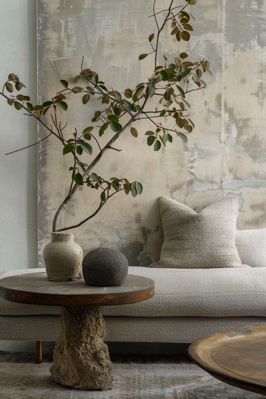 A serene living room corner with a textured painting, a round wood coffee table with a vase and stone, near a cushioned beige sofa.