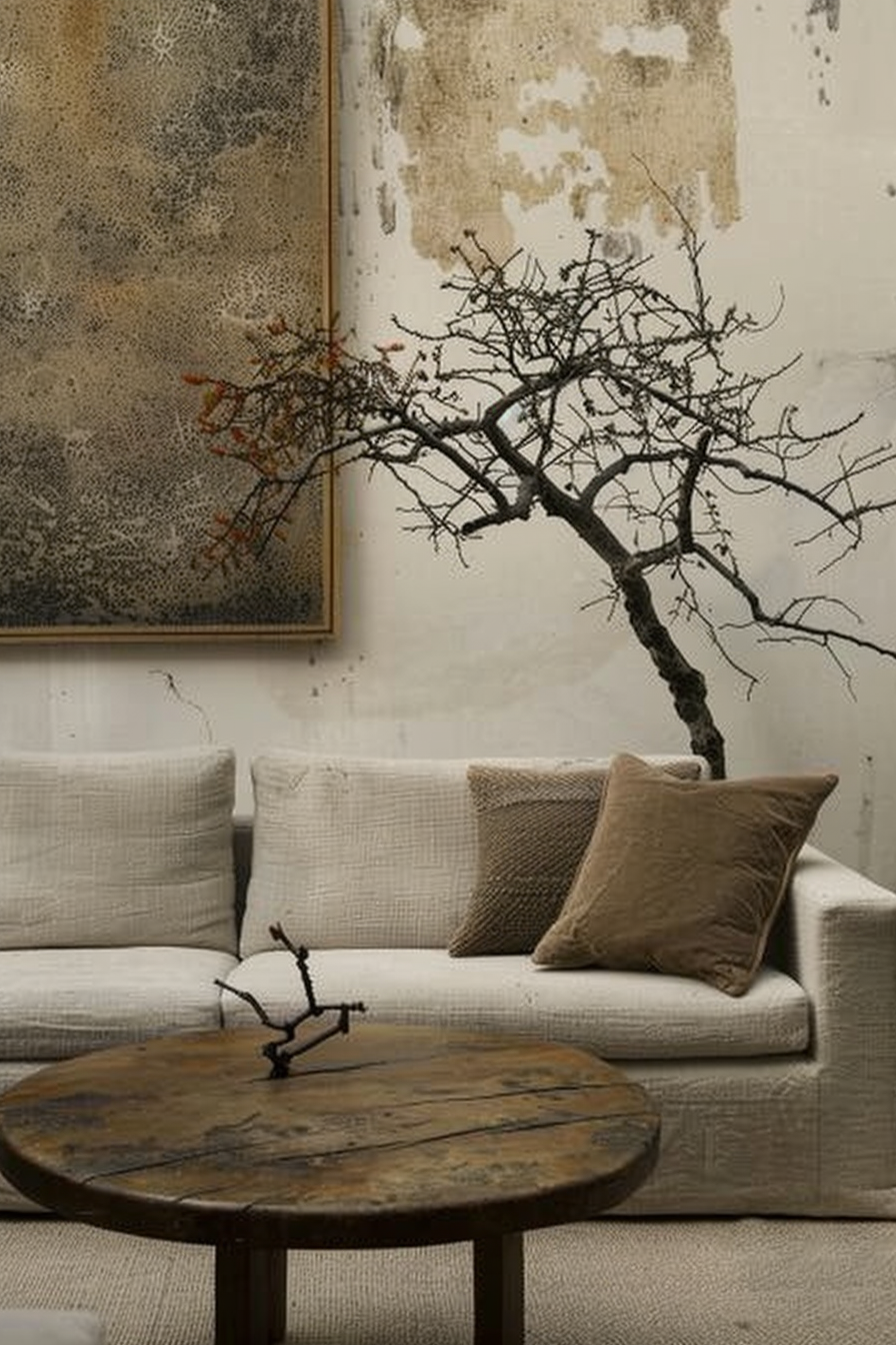 ALT: A minimalist living room with an off-white couch, rustic wooden coffee table, abstract art on the wall, and a bare tree branch decoration.