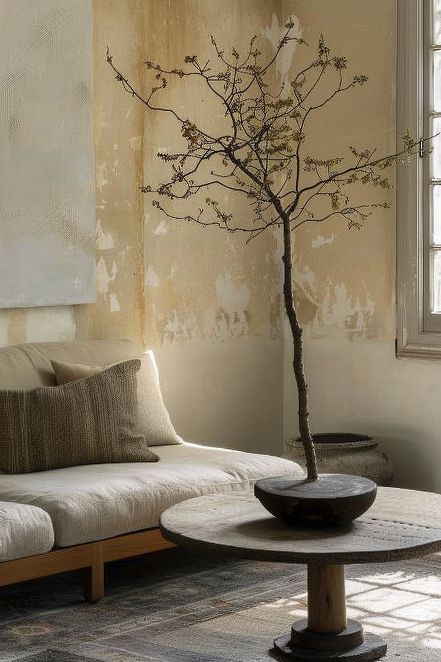 ALT: A tranquil indoor setting with a minimalist design featuring a small tree in a bowl on a coffee table, beside a daybed with knit pillows.