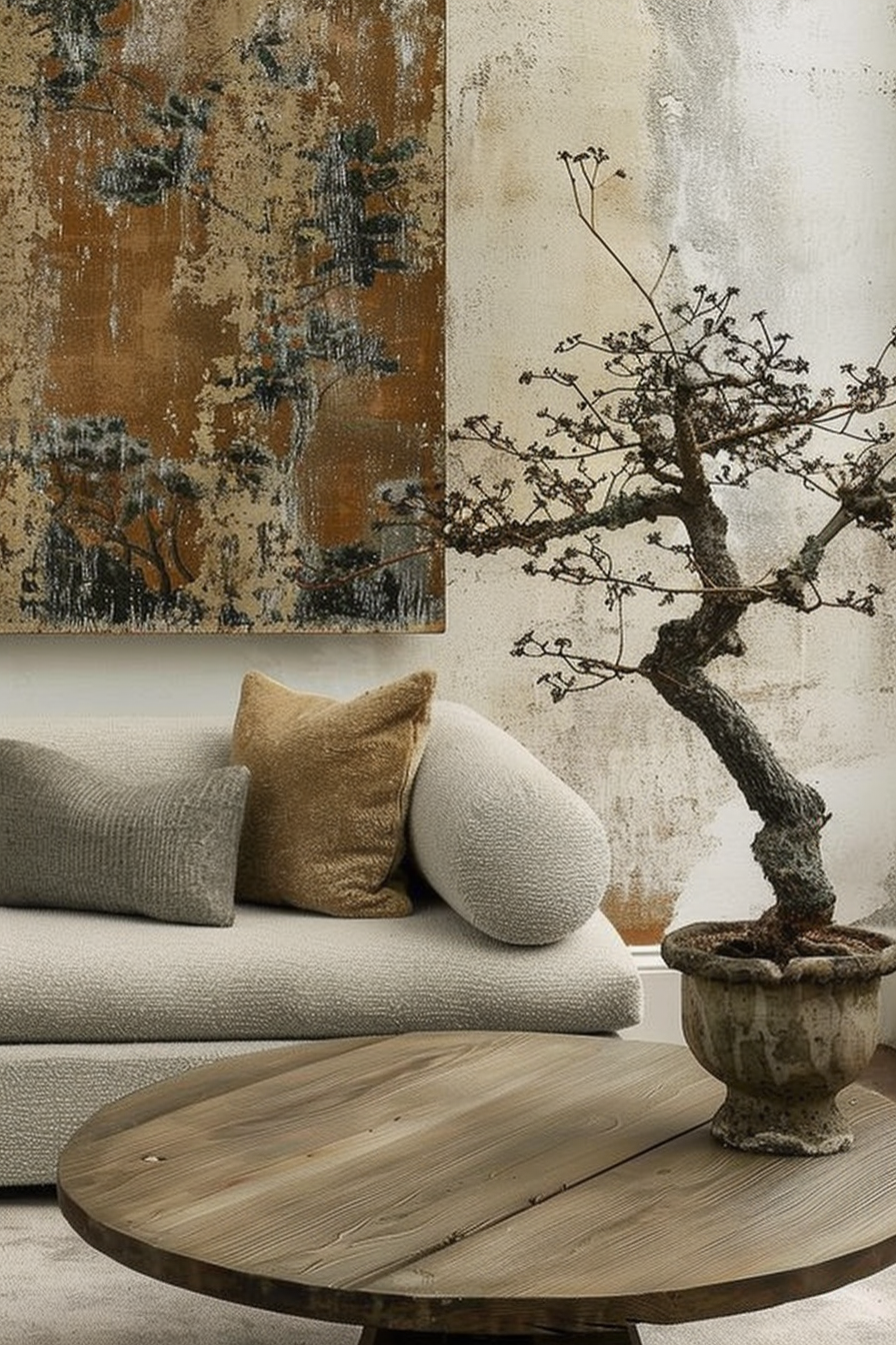 A cozy living room corner with abstract canvas art, a grey sofa with cushions, a round wooden table, and a bonsai tree.