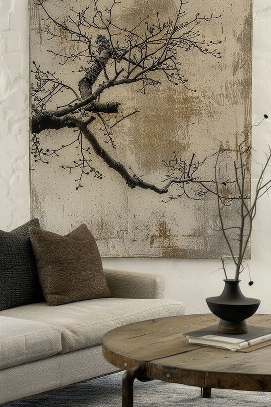 "Cozy corner of a modern living room with an abstract tree painting, a beige sofa with pillows, a wooden coffee table, and a vase with twigs."