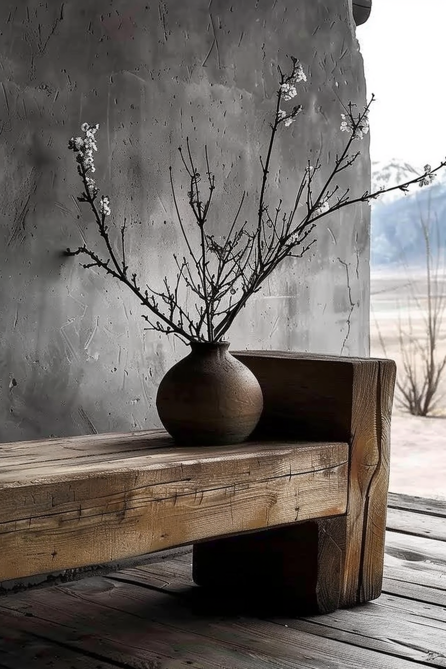 A rustic vase with branches on a wooden bench against a textured grey wall, conveying a minimalist aesthetic.