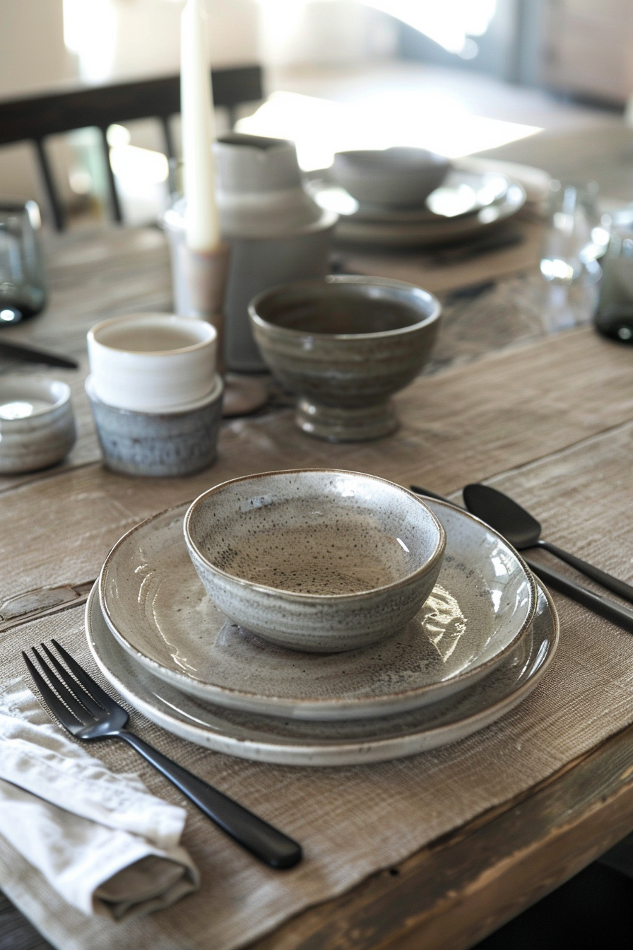 Rustic table setting with ceramic dishes, black utensils, and a candle, on a textured wooden table.
