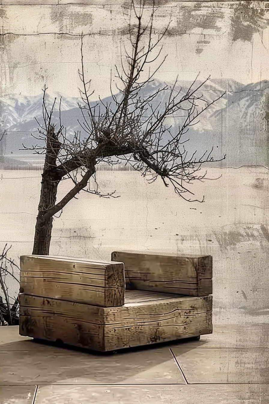 A leafless tree growing through a rustic wooden bench against a wall with a mountain mural.