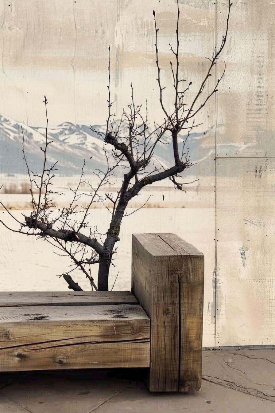 ALT text: A bare tree branch leaning over a rustic wooden bench with snow-capped mountains visible through a glass window in the background.