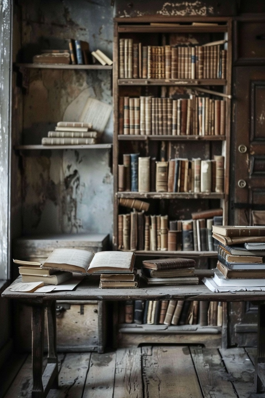 Rustic room with an old wooden table filled with open and stacked books, flanked by a bookshelf packed with vintage tomes.