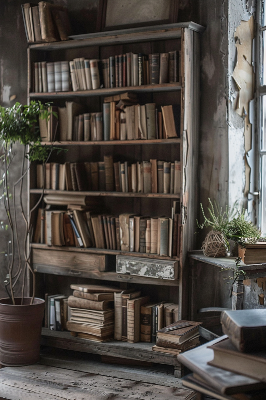 A rustic wooden bookshelf filled with old books in a room with peeling walls, near a window with natural light.