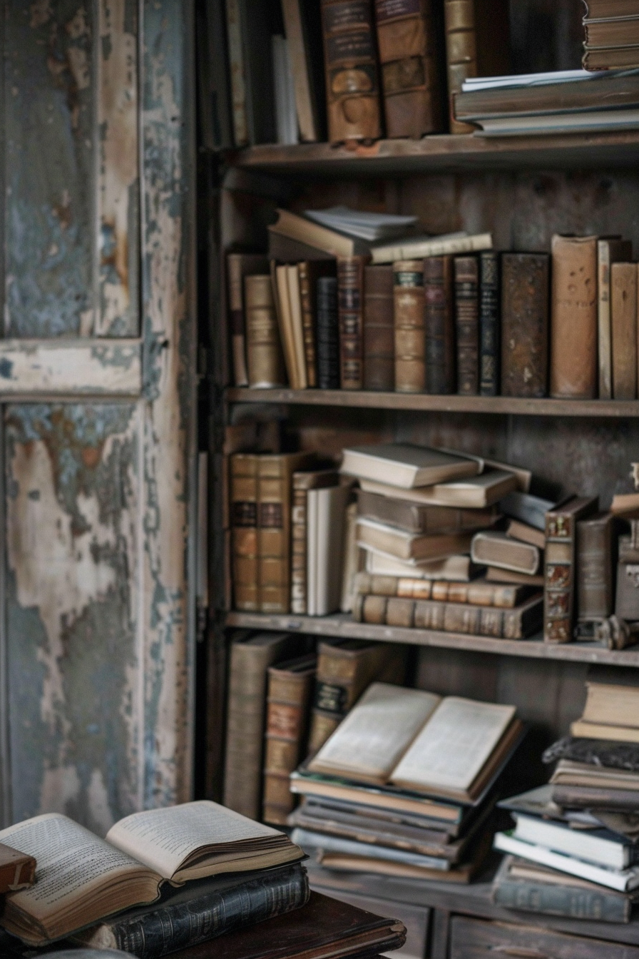 A rustic bookshelf filled with old, leather-bound books, beside an open book on a worn wooden table, evoking a vintage library atmosphere.