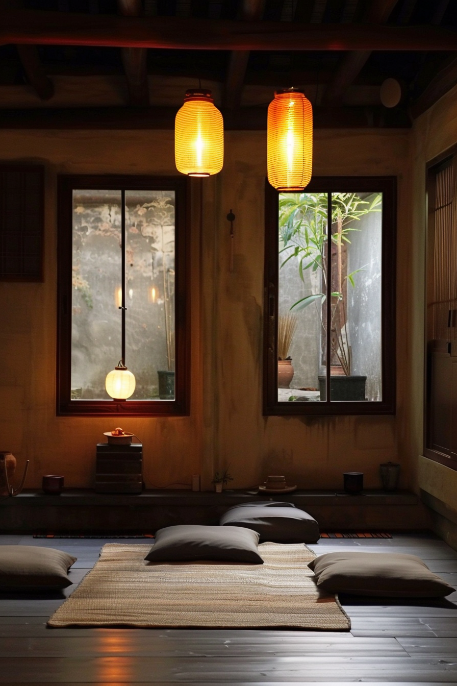 ALT text: A serene traditional Japanese room with tatami mats and floor cushions, illuminated by warm hanging lanterns next to a window view of a garden.