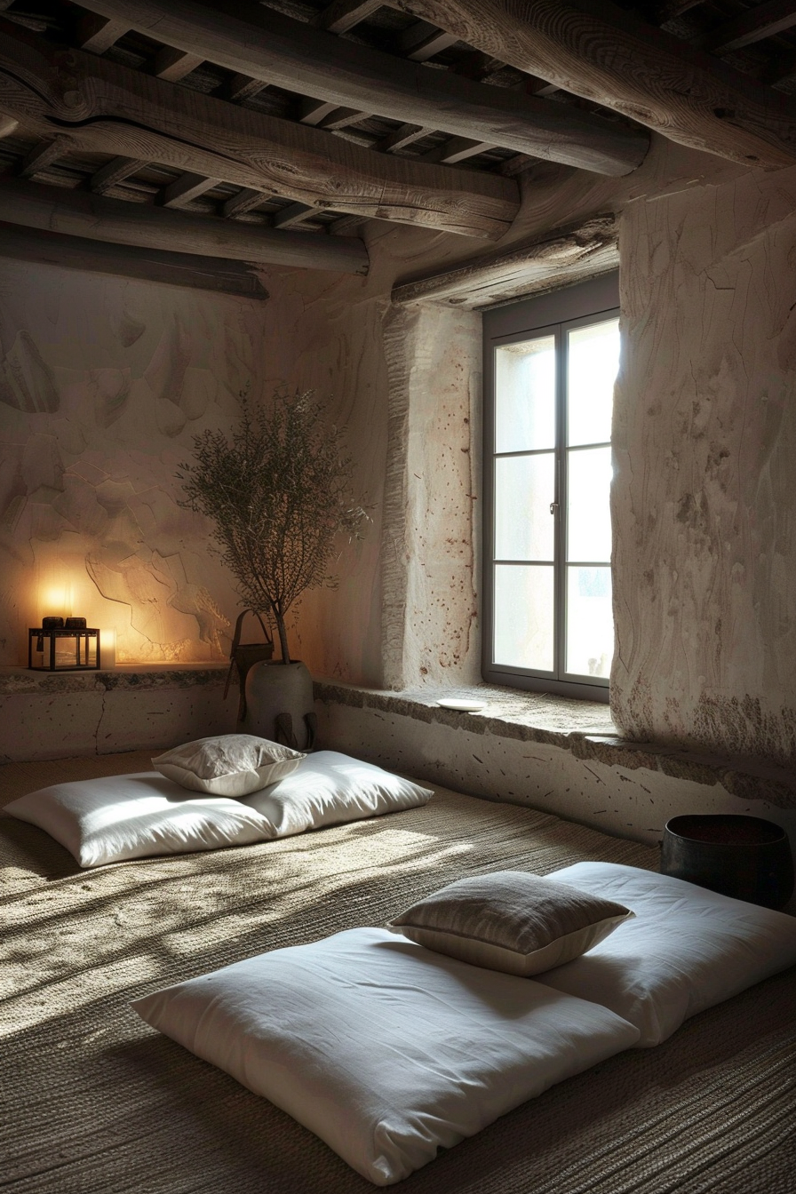 Cozy minimalist bedroom with floor cushions, rough textured walls, warm lighting, and wood beamed ceiling.