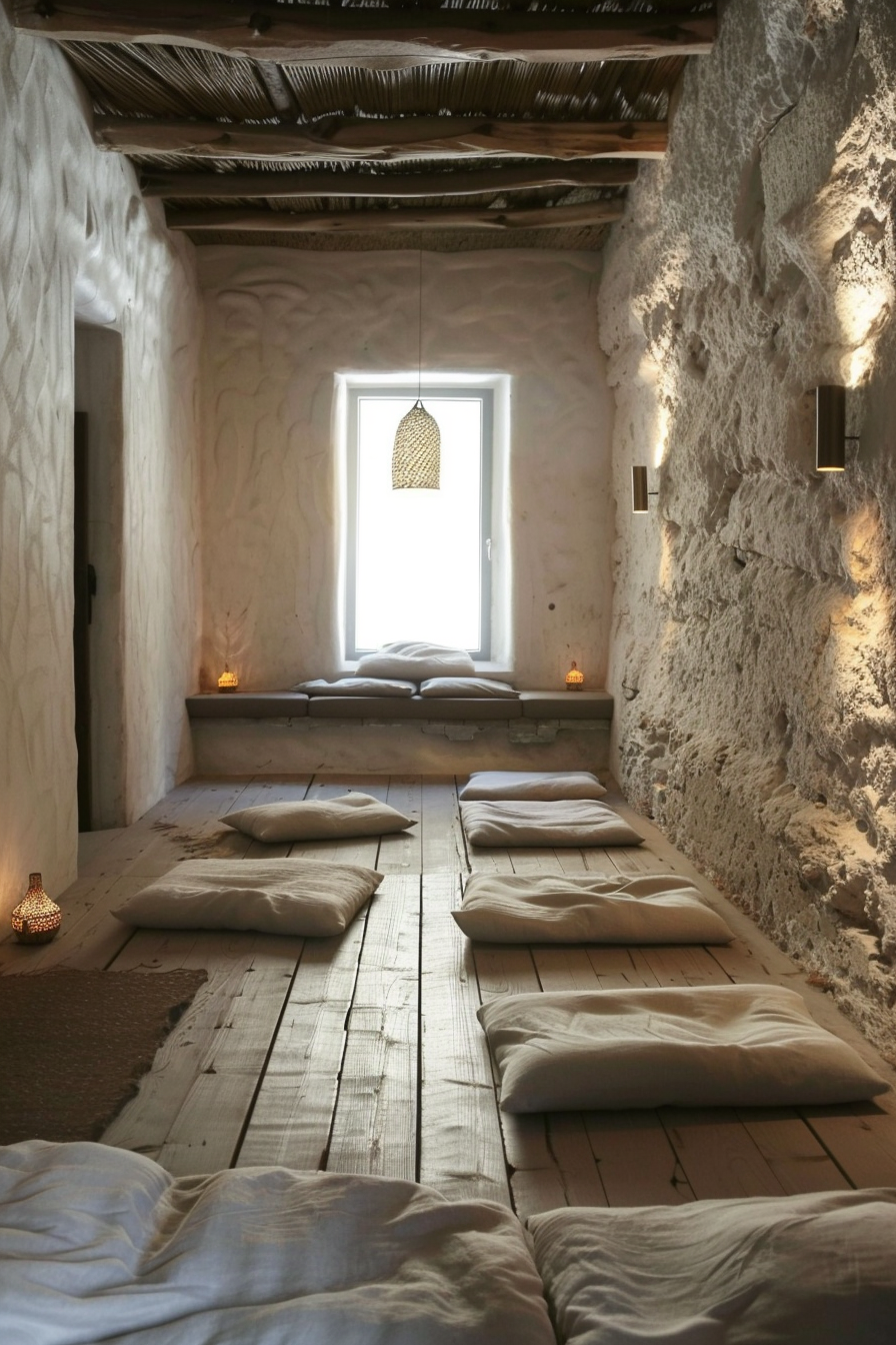 A serene meditation room with cushions on a wooden floor, ambient lighting, and a window letting in natural light.
