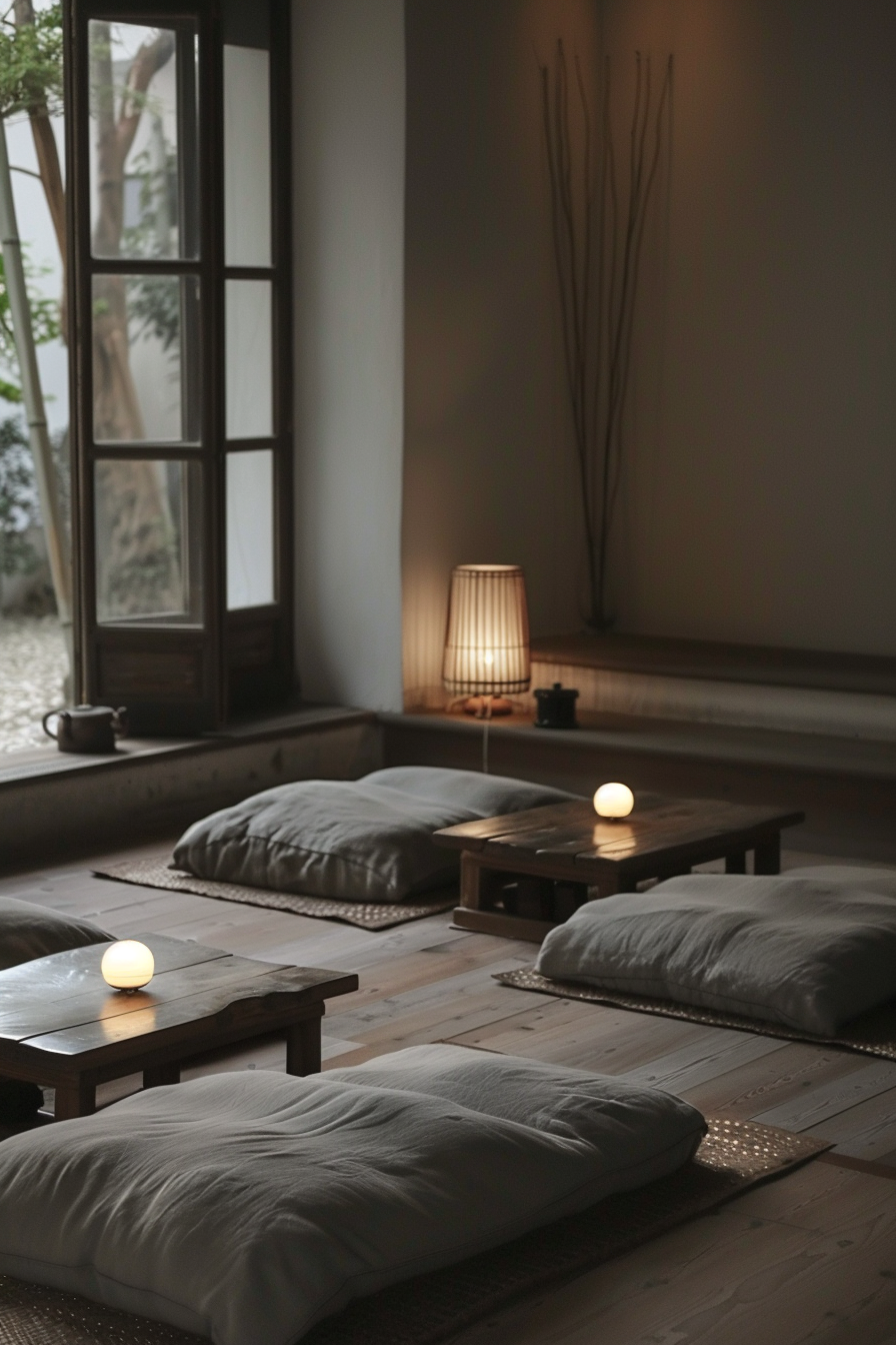 A serene room with floor cushions, wooden low tables, soft lighting from a lamp, and a tranquil, cozy ambiance.