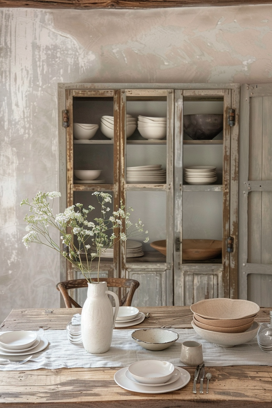 A rustic wooden dining table set with white ceramics, a vase with wildflowers, and a weathered cabinet filled with dishes in the background.