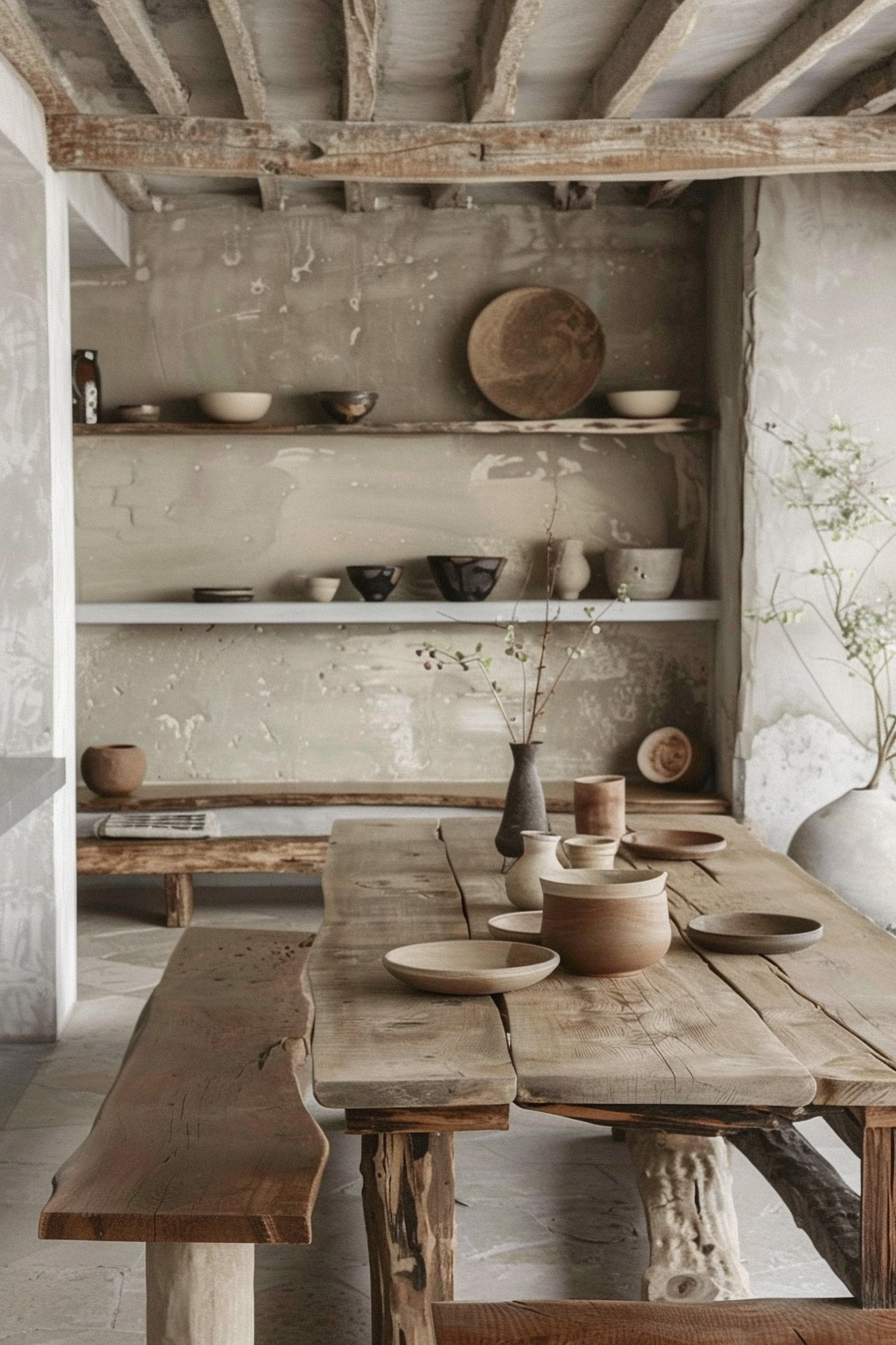 Rustic wooden table and benches with handmade pottery in a room with distressed shelves and exposed beams.
