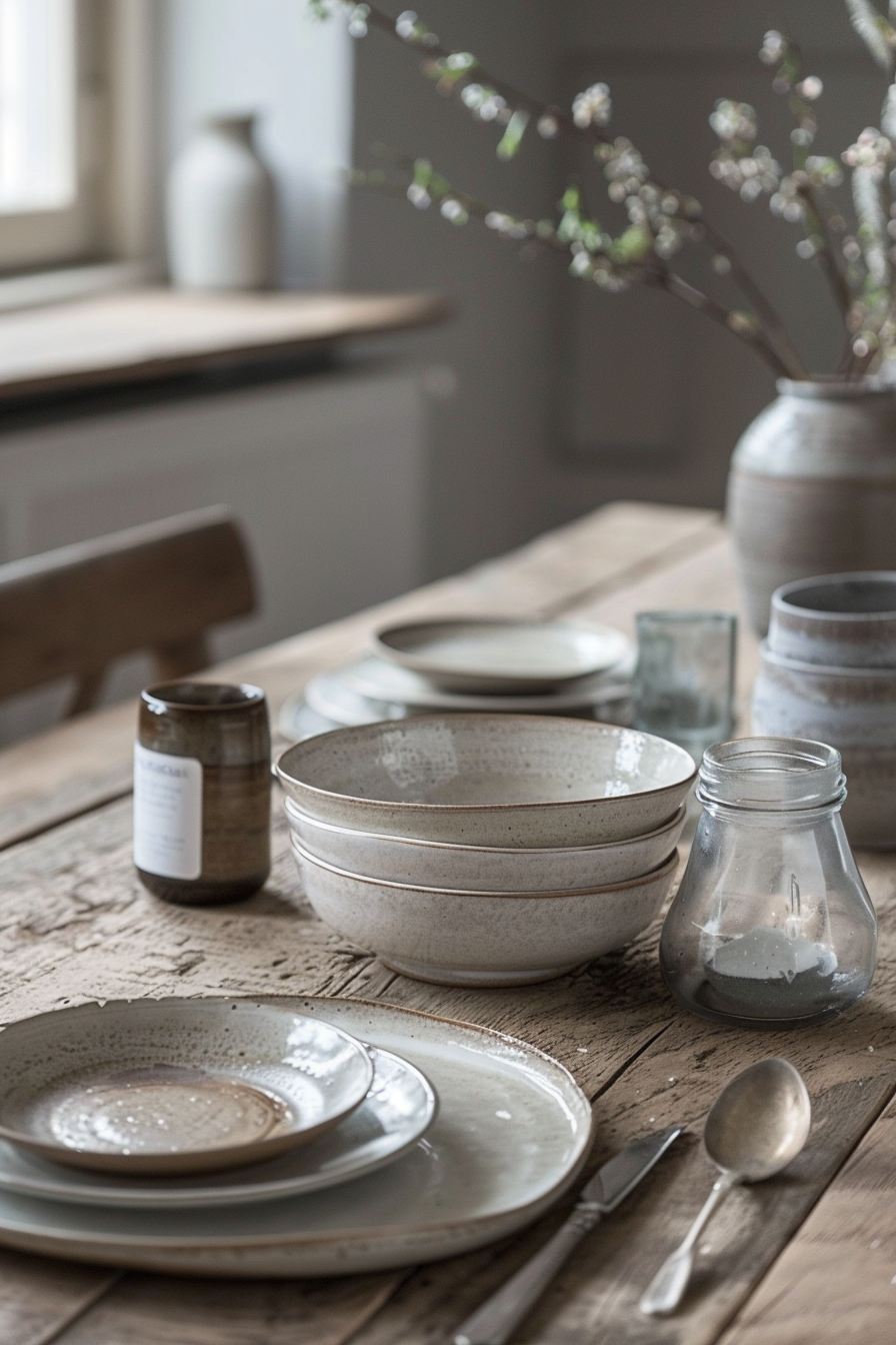Rustic table setting with ceramic dishes, cutlery, and a jar on a wooden table, accented by soft natural light and branches in a vase.