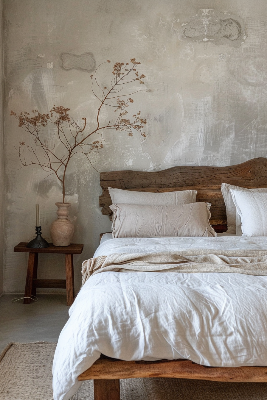 A rustic bedroom with a wooden bed, white linens, and a vase with dried flowers on a bedside stool.