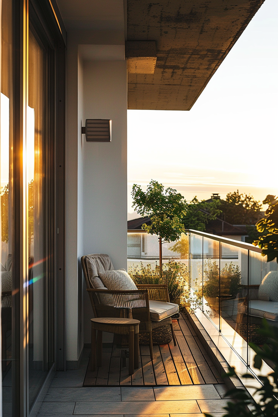 Balcony with a wicker chair and footstool during sunset, glass balustrade overlooking trees, warm light streaming through the door.