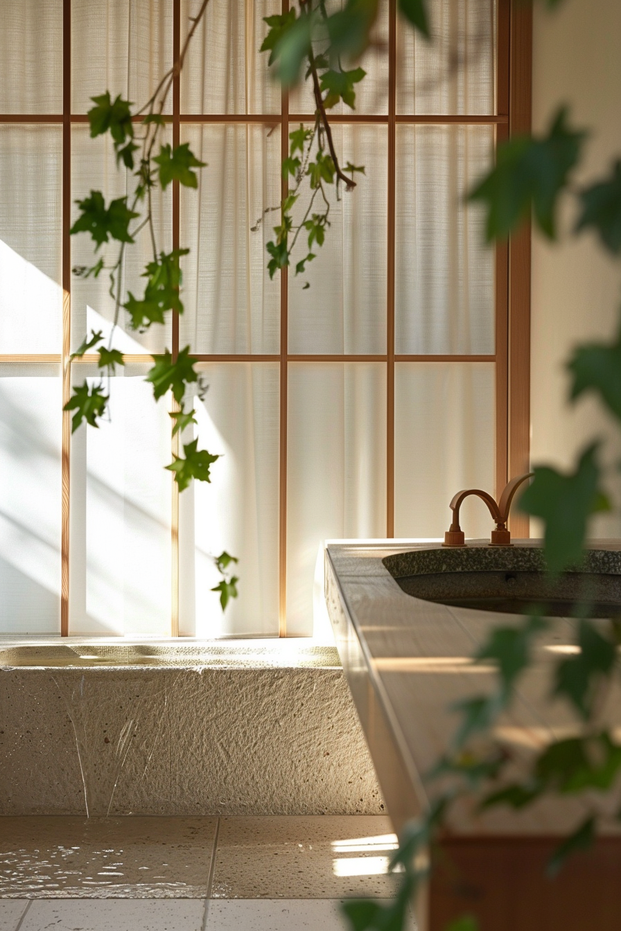 Tranquil bathroom corner with sunlight filtering through a shoji screen, casting shadows on a stone bathtub and ivy plants.