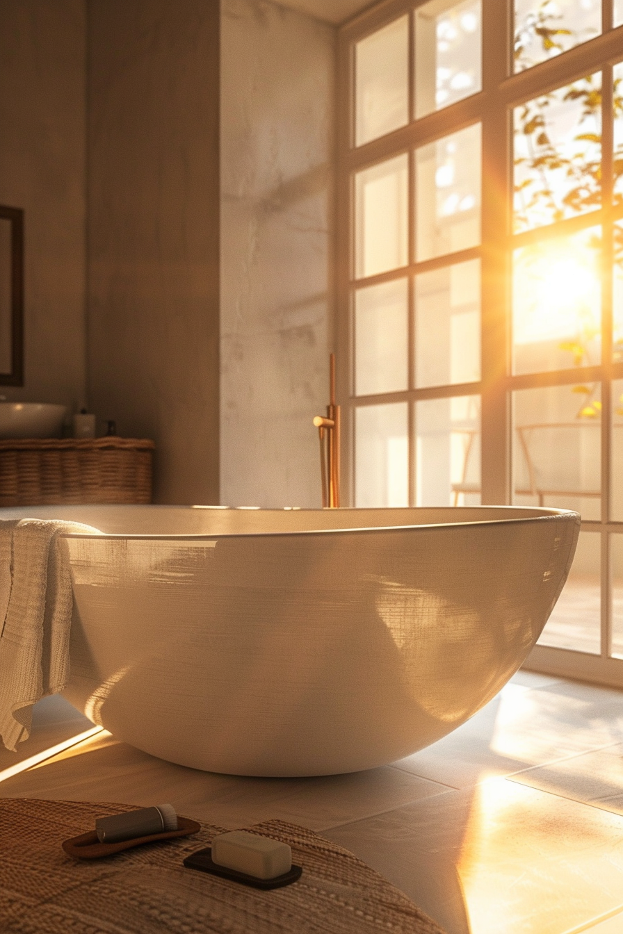 Sunlit bathroom with a freestanding tub, fluffy towel, and soap on a mat, evoking a warm, relaxing ambiance.