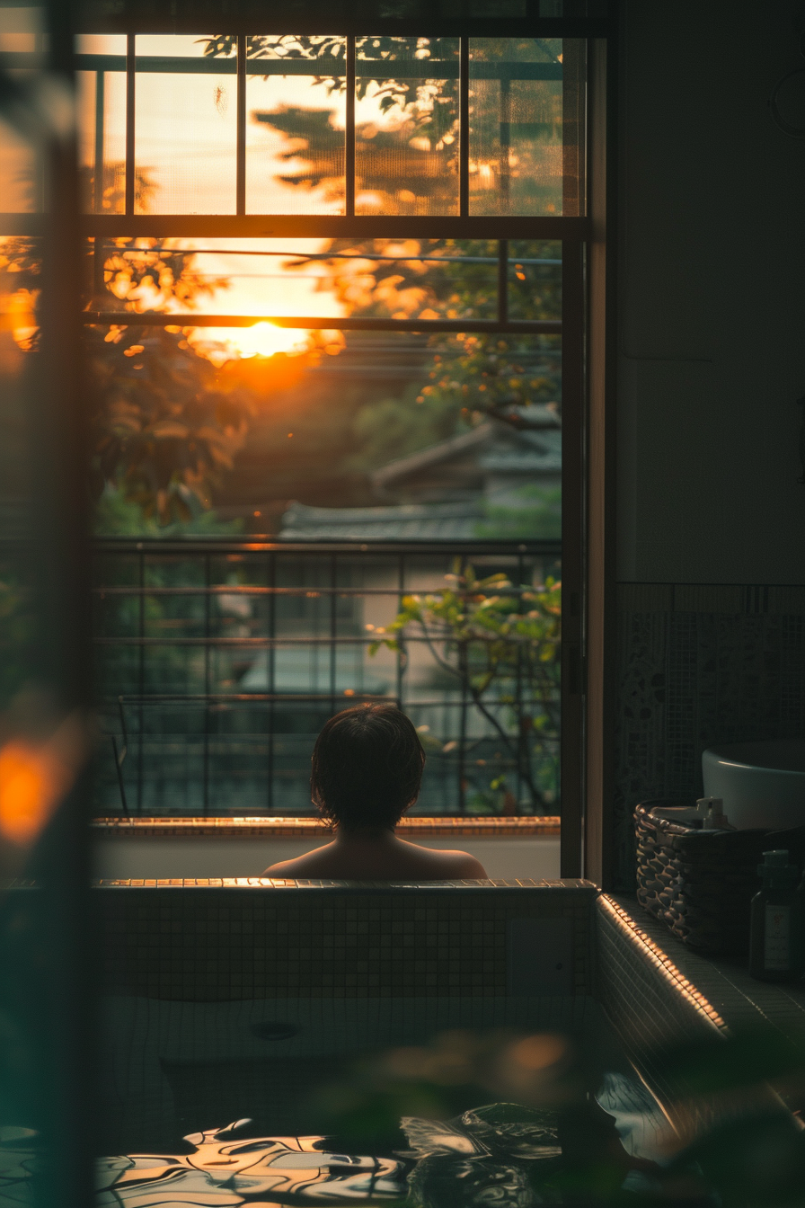 Person relaxing in a bath with a view of the sunset through a window, reflected in the water's surface.