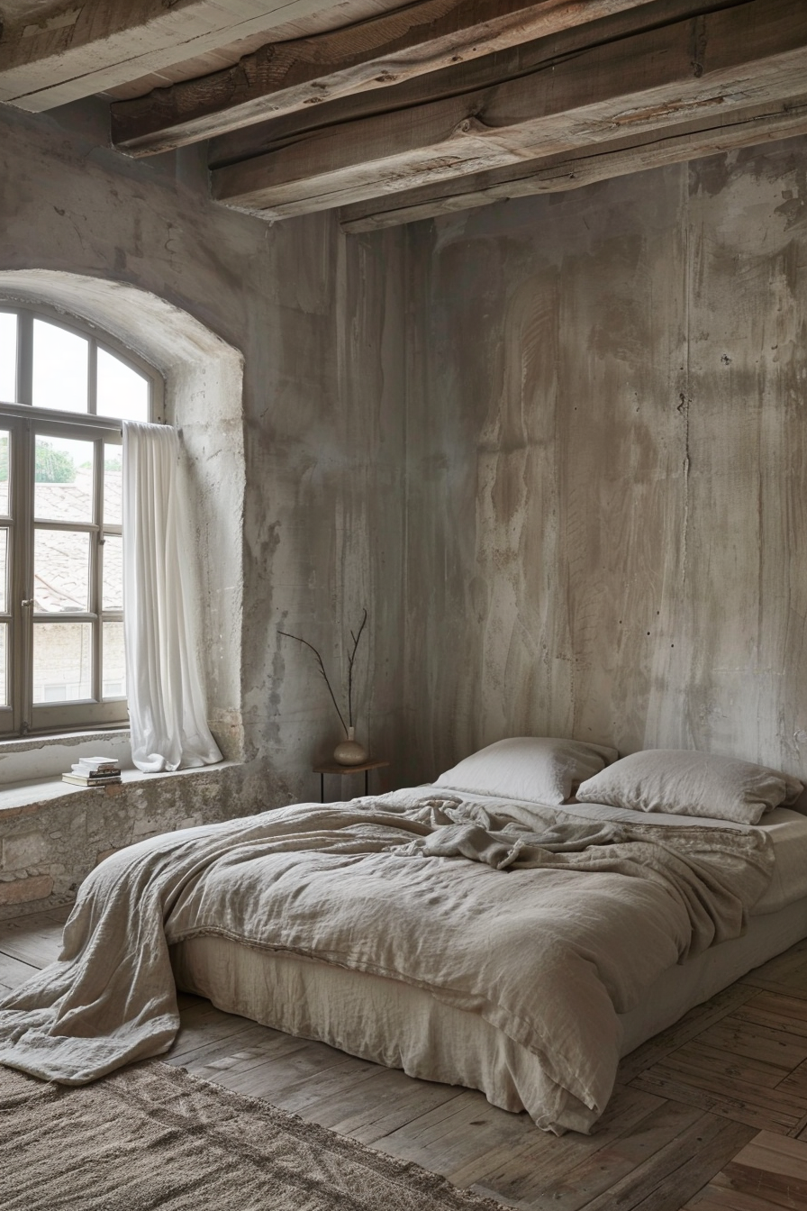 A rustic bedroom with an unmade bed, textured plaster walls, exposed wooden beams, a draped curtain, and a branch in a vase on a side table.