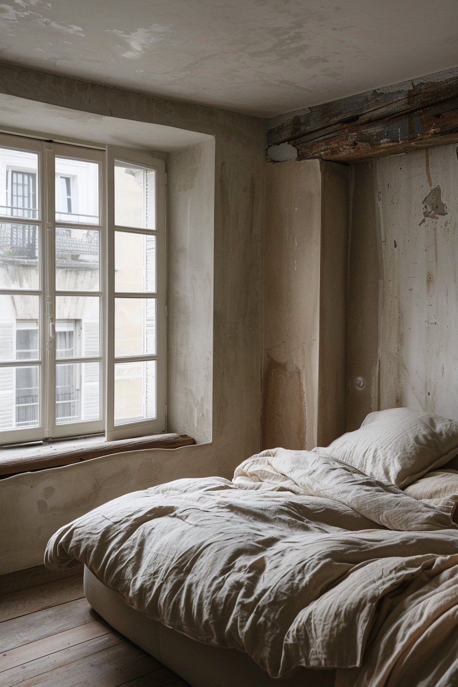 A minimalistic bedroom with an unmade bed, exposed concrete walls, and a large window allowing natural light to enter.