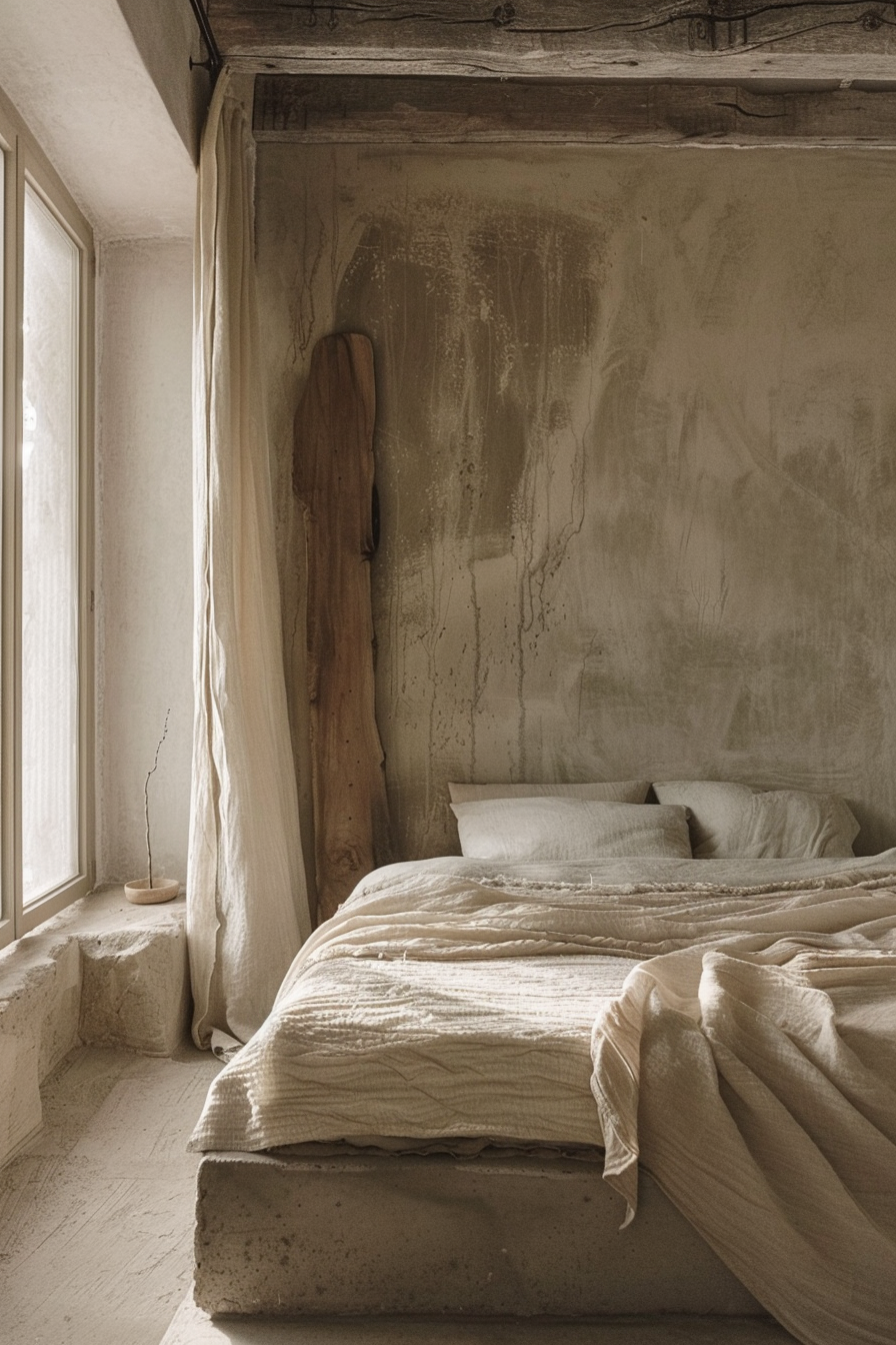 A rustic bedroom with a bed made of concrete, draped with linen in a room with textured walls and a wooden ceiling.