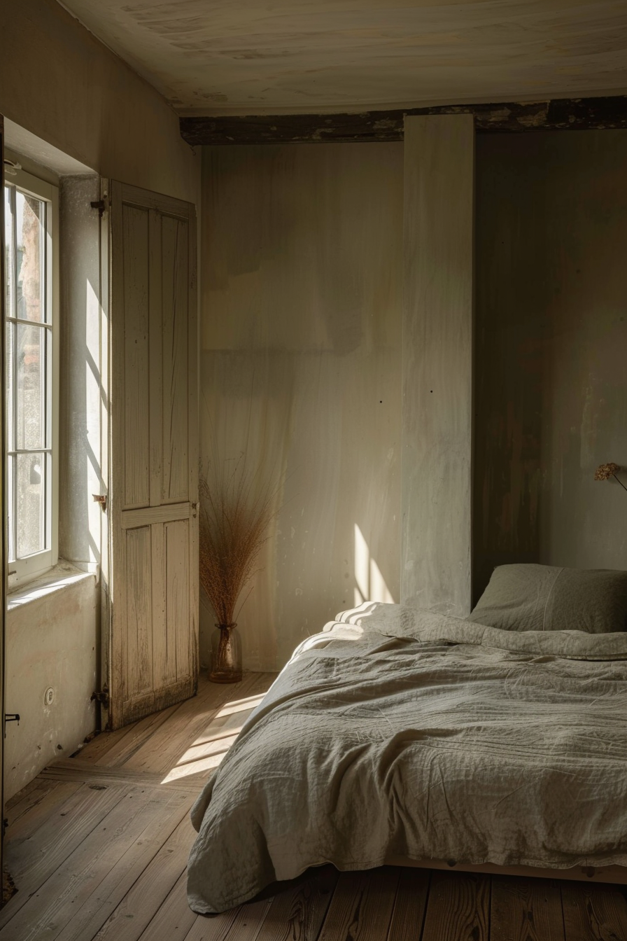 Rustic bedroom with morning light streaming through a window, casting shadows on a simple bed, with an old white door and dried plants.