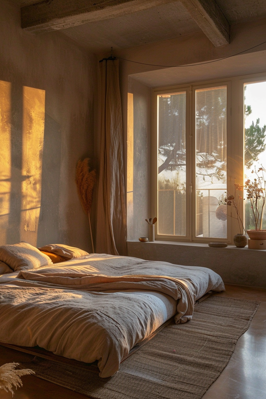A cozy bedroom at sunset with warm light streaming through the window, casting shadows on the walls, and a bed with linen sheets.