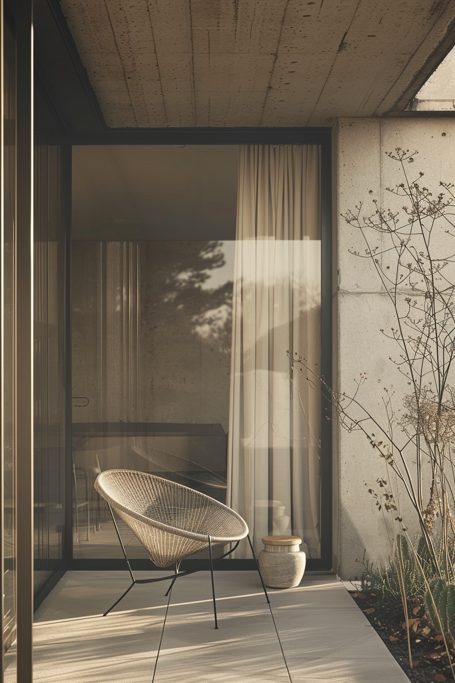 Modern chair on a patio with sheer curtains, concrete walls, and a reflection of trees in the glass door.