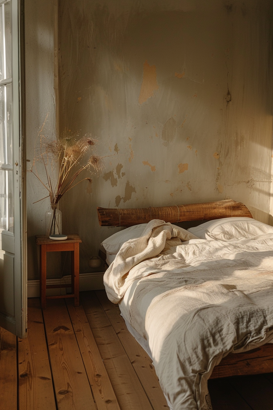 Rustic bedroom with an unmade bed, peeling wall paint, dried plants in a vase, and soft sunlight streaming in.