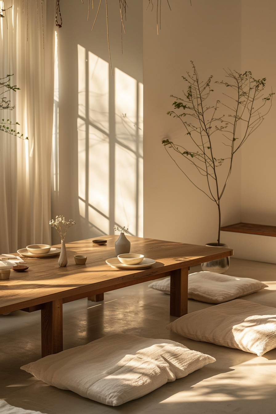 A serene dining room basked in sunlight with a wooden table set with bowls and vases, floor cushions, and a window casting shadows.